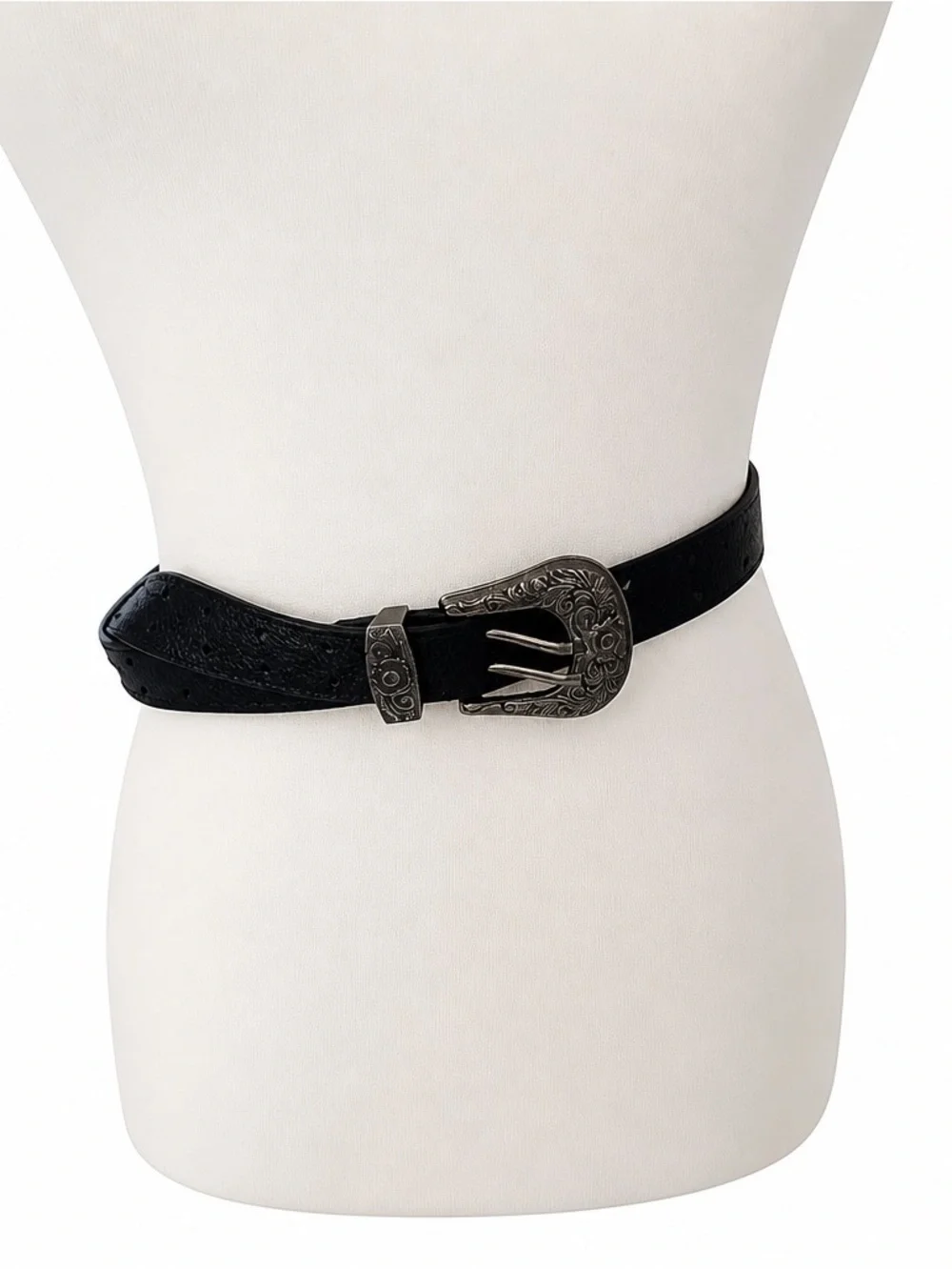 Black Western-Inspired Faux Leather Belt with Engraved Silver-Tone‎ Buckle